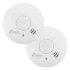 Two white Kidde smoke alarms with central test and hush buttons, LED indicators, and vented sensor openings.