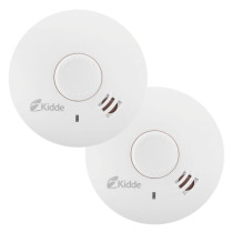 Two white Kidde smoke alarms with central test and hush buttons, LED indicators, and vented sensor openings.