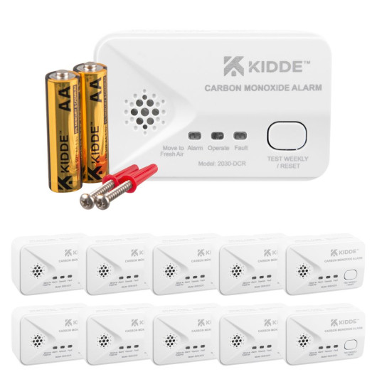 Kidde 2030-DCR carbon monoxide alarm 10 pack with AA batteries, fixing screws and ten CO detectors for trade and bulk property installations.