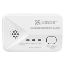 Front view of a carbon monoxide alarm showing buttons and indicator lights on a white rectangular device