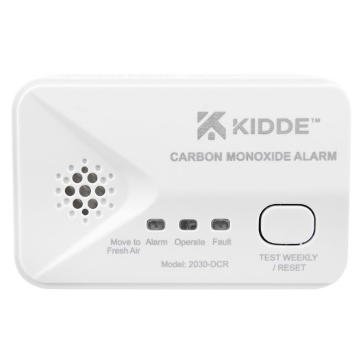 Front view of a carbon monoxide alarm showing buttons and indicator lights on a white rectangular device