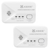Two angled Kidde battery carbon monoxide alarms in a twin pack showing buttons and labels