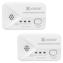 Two angled Kidde battery carbon monoxide alarms in a twin pack showing buttons and labels
