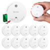 Kidde 2030-DSR smoke alarm 10 pack with battery, mounting screws and ten smoke detectors, including handheld size reference image.