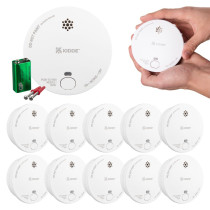 Kidde 2030-DSR smoke alarm 10 pack with battery, mounting screws and ten smoke detectors, including handheld size reference image.