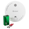 smoke alarm with battery and two fixing screws shown on a white background