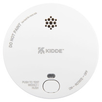 Front view of a round smoke alarm with a test button and ventilation holes visible