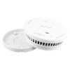 Smoke alarm shown with its back mounting plate detached from the main unit