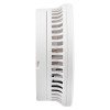 Side view of a white smoke alarm showing ventilation slots and curved design