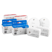 pair of Kidde battery carbon monoxide ke2030dsr battery smoke alarms displayed with their packaging boxes