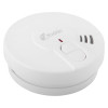 angled view of a white kidde battery optical smoke alarm with a test button and ventilation slots visible