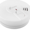 Closeup of buttons on a Kidde battery optical smoke alarm showing the hush and test buttons and part of the logo