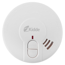 Front view of the Kidde battery optical smoke alarm showing test and hush buttons and indicator light