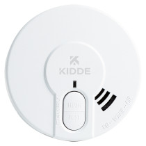 White circular Kedy29 Kidde Dy29 battery optical smoke alarm showing front panel with hush and test buttons and Kidde logo