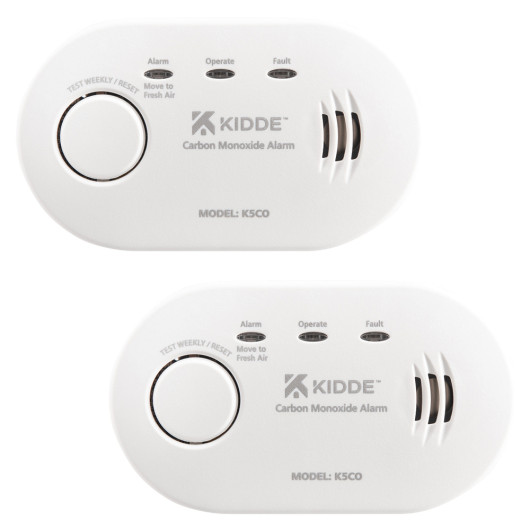 kidde k5co carbon monoxide alarm new logo twin pack showing two white oval alarms with buttons and labels