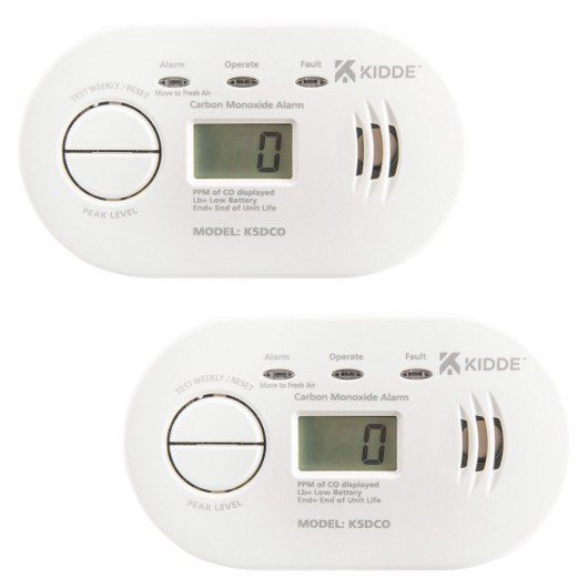 Image showing two Kek5Dco Kidde K5Dco Digital Carbon Monoxide Alarms with digital displays and test buttons