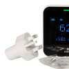 Contents of the mains powered carbon dioxide monitor including the device screen and UK plug adapter