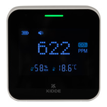 Front view of mains powered carbon dioxide monitor showing digital display with CO2 level humidity and temperature readings