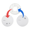 Front view of a replacement mains powered smoke alarm showing its round white casing and brand logo
