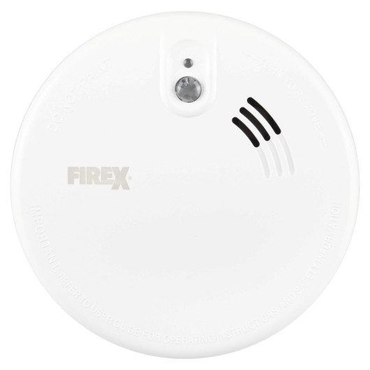 Front view of kidde firex mains powered optical smoke alarm alkaline battery backup in white with sensor and vent details