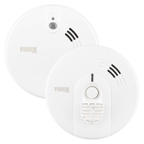 Two round white Kidde FireX alarms shown front‑on, one smoke alarm and one heat alarm, each with ventilation slots and central test buttons.