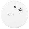 A white Kidde smoke alarm with a test button, vent openings and faint embossed safety text around the edge.