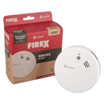 A Kidde Firex KF21 smoke alarm placed next to its red retail box featuring product branding and installation details.