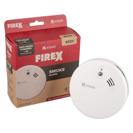 A Kidde Firex KF21 smoke alarm placed next to its red retail box featuring product branding and installation details.