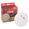 A Kidde Firex KF21R smoke alarm placed next to its red retail box featuring product branding and installation details.