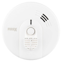 Front view of Kidde Firex mains powered heat alarm with alkaline battery backup showing circular white casing and central button