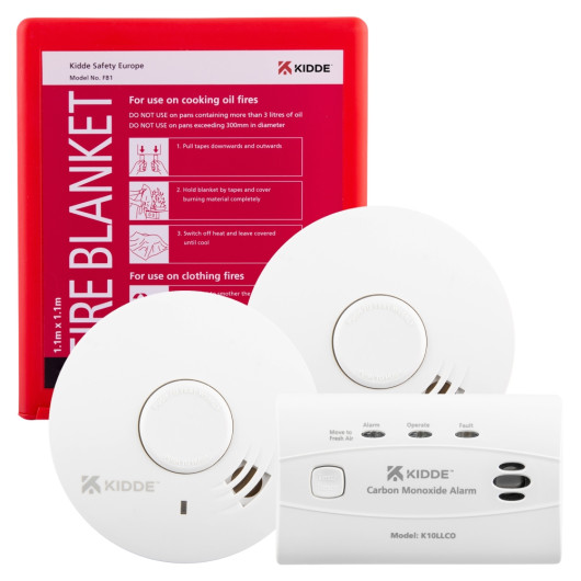 A battery powered kit, consisting of 2 Kidde smoke alarms, 1 Kidde CO alarm and a Fire Blanket