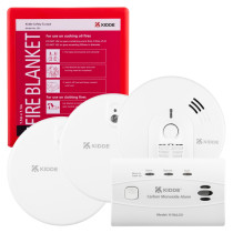 A Kidde mains powered bundle, consisting of 2 smoke alarms, 1 heat alarm, 1 CO alarm and a fire blanket