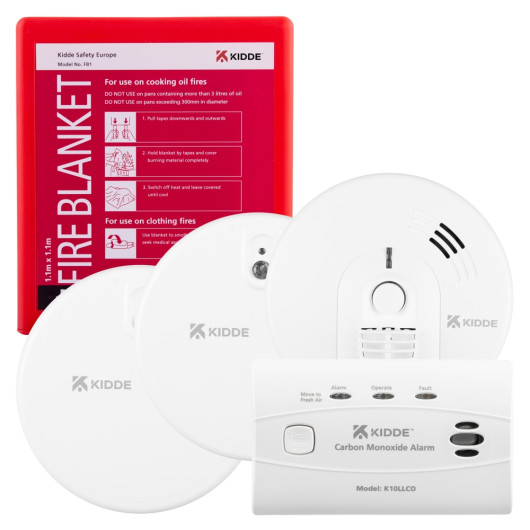 A Kidde mains powered bundle, consisting of 2 smoke alarms, 1 heat alarm, 1 CO alarm and a fire blanket