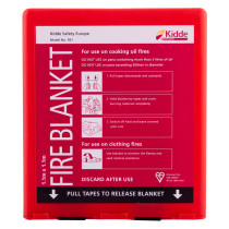 kidde 1m fire blanket in red container showing front with usage instructions and warnings in white text