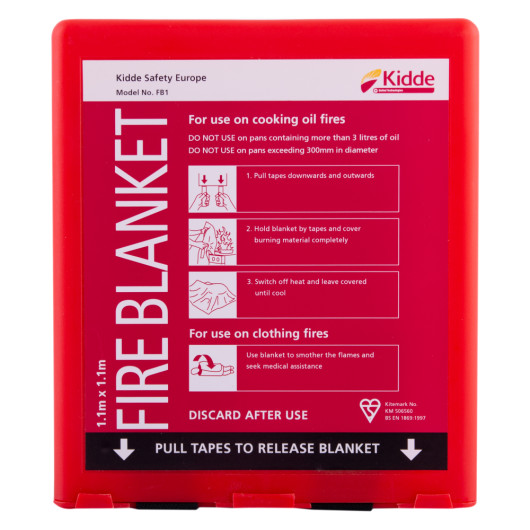 kidde 1m fire blanket in red container showing front with usage instructions and warnings in white text