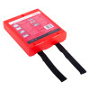 Kidde 1m fire blanket in red container with black tabs pulled out from the bottom