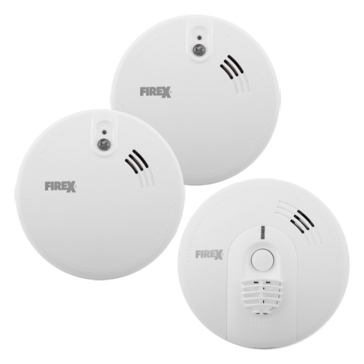 mains powered 2 smoke alarms and 1 heat alarm kit with self charging 10 year back up battery shown in a group view