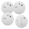 group of mains powered 3 smoke alarms and 1 heat alarm all in white with a button on the heat alarm
