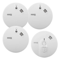group of mains powered 3 smoke alarms and 1 heat alarm all in white with a button on the heat alarm