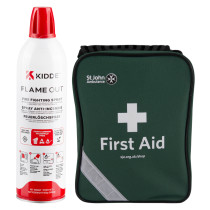 Kekfs500 Stjhomfak Home Essentials Safety Kit contents showing a fire fighting spray and a green first aid kit bag