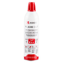 kidde flame out fire fighting spray can with white body and red cap shown from the front with label text visible