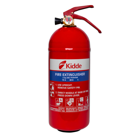 Front view of a red Kidde 2kg powder extinguisher showing label and lever handle