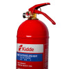 Close-up view of the head and handle of a kidde 2kg powder extinguisher with pressure gauge and safety pin visible