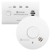 A Kidde carbon monoxide alarm with status lights and a test/reset button shown above a round Kidde smoke alarm with a central test/hush button.