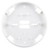 A white circular plastic mounting base with multiple screw holes and cable entry slots, designed for attaching a smoke or heat alarm.