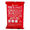 A red Kidde fire blanket pouch with multilingual FIRE BLANKET text and three pictogram instructions for pulling tapes, switching off heat, and covering the fire