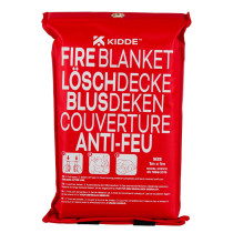 A red Kidde fire blanket pouch with multilingual FIRE BLANKET text and three pictogram instructions for pulling tapes, switching off heat, and covering the fire