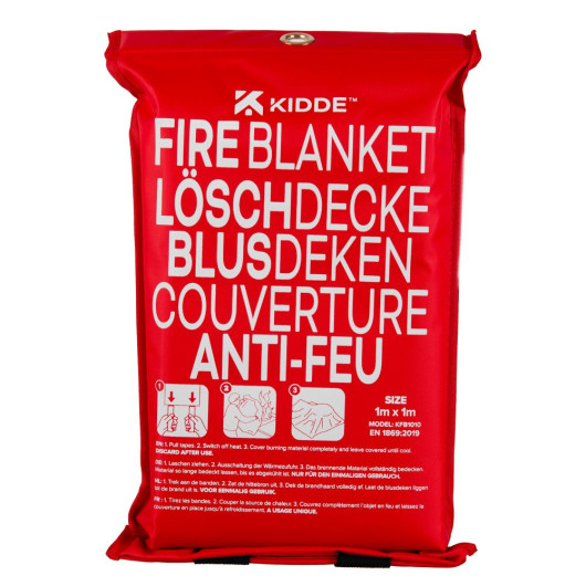 A red Kidde fire blanket pouch with multilingual FIRE BLANKET text and three pictogram instructions for pulling tapes, switching off heat, and covering the fire