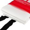 A white fire blanket partially pulled from a red pouch, with two black deployment straps visible