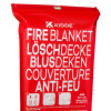 A red Kidde fire blanket pouch with FIRE BLANKET text, three usage pictograms, and product details including size 1m x 1m and EN 1869:2019